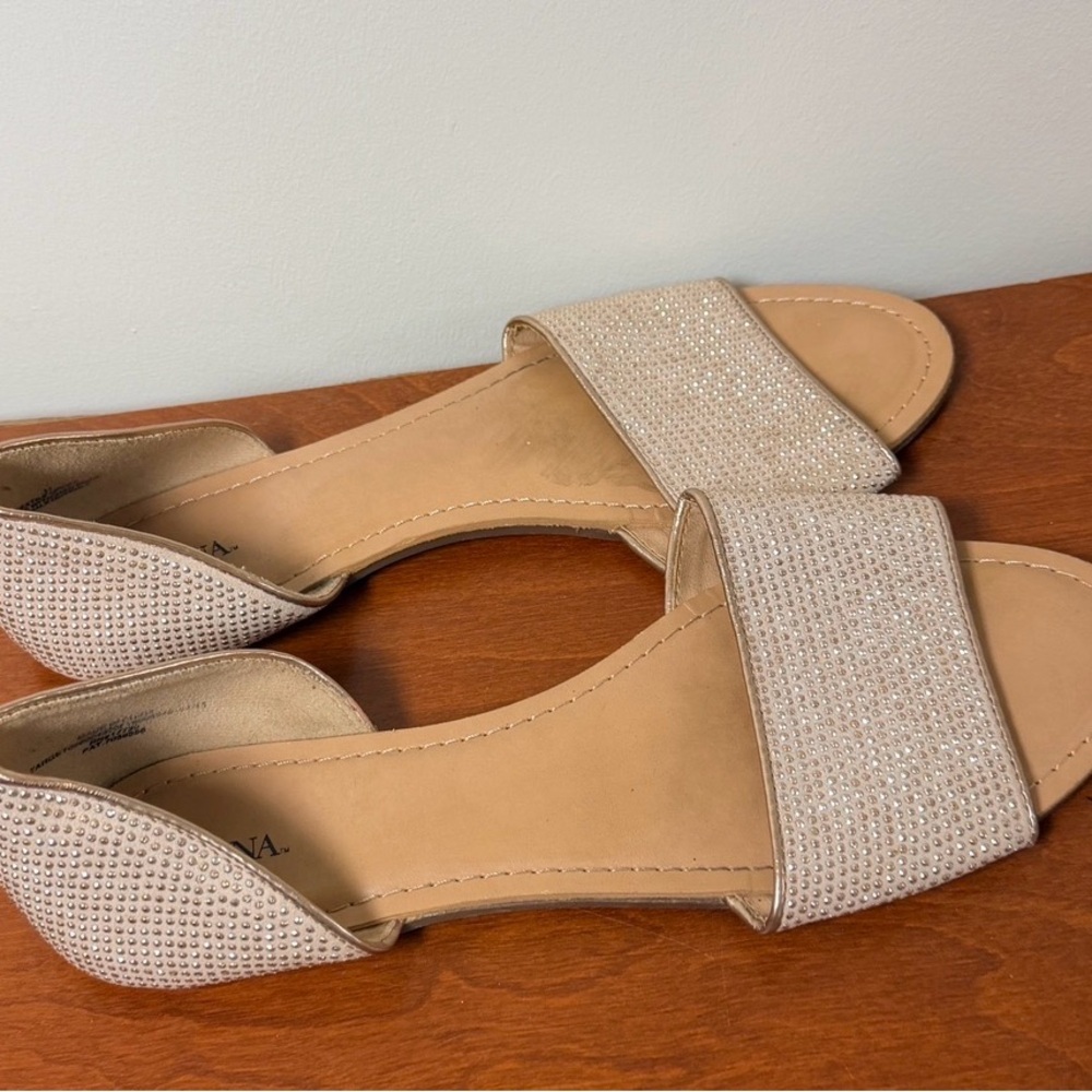 Merona Gold Rhinestone Sandals Open Toe Slip On Flats - Picture 2 of 4